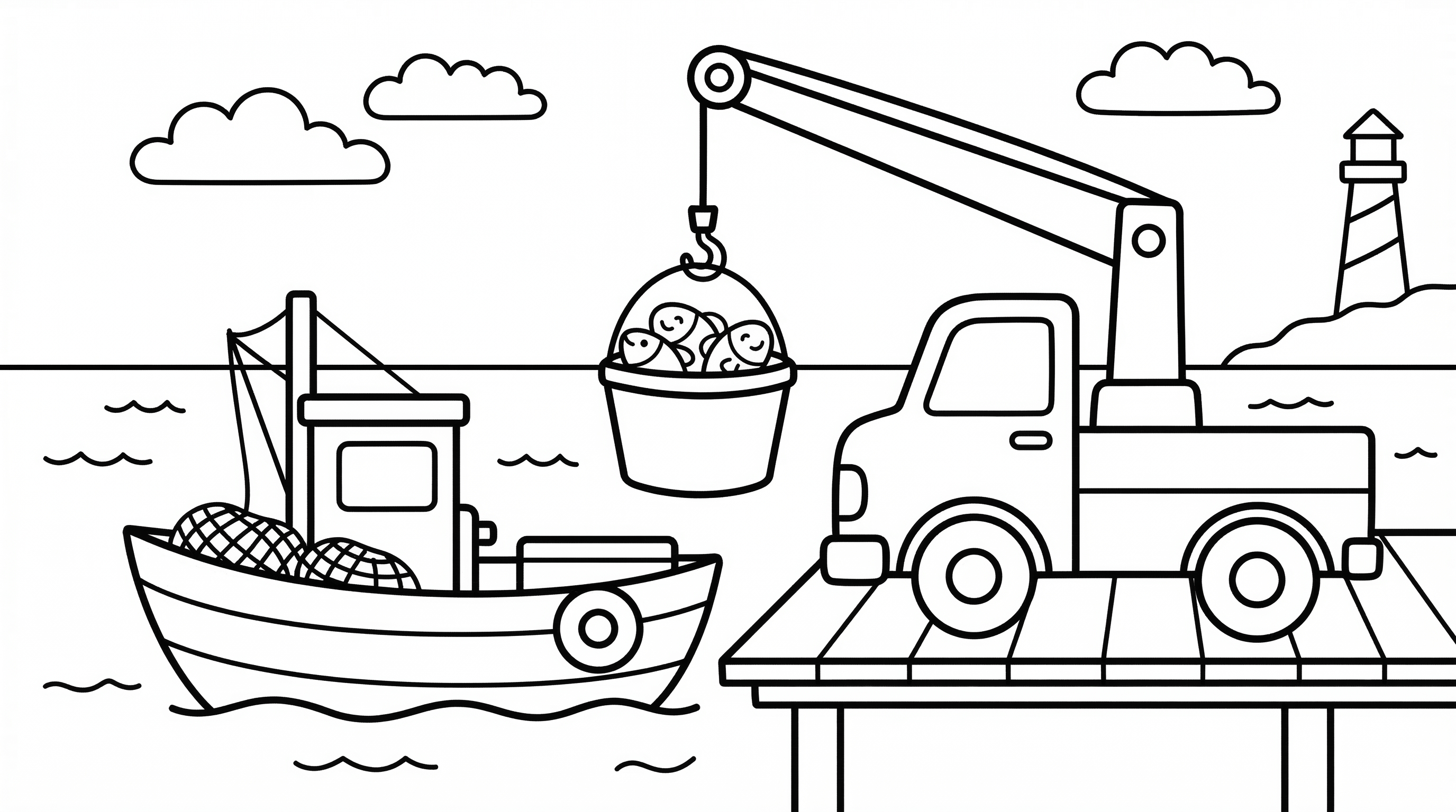Coloriage d'un camion-grue récupérant du poisson depuis un bateau de pêche sur un quai